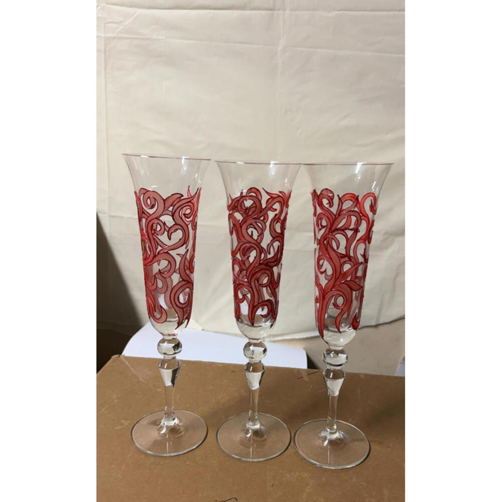 Set of 3 Red Swirl Hand-Painted‎ Champagne Flutes – Elegant Glasses - Picture 2 of 6